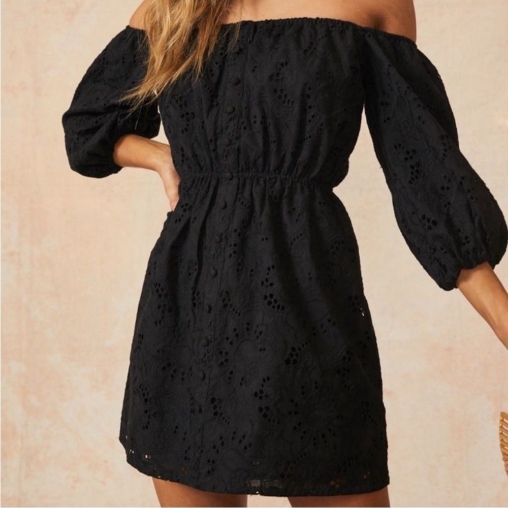 Revolve Camila Coelho Archer Off the Shoulder Mini Dress Black Eyelet Lace